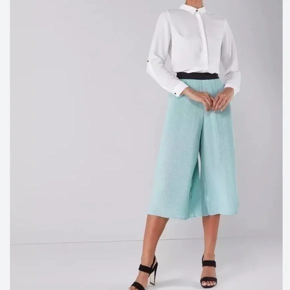 Zara Bohemian Green Highrise Ribbed Palazzo Flowy Cropped Pants Size Small - Picture 6 of 15